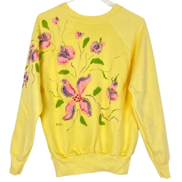 Vintage 70s Sweatshirt Womens Size Small Medium Pullover Floral 80s Handmade - Picture 1 of 10